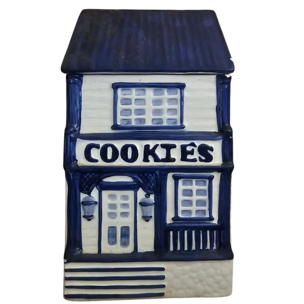Vintage Blue & White Ceramic House Cookie Jar / Canister
